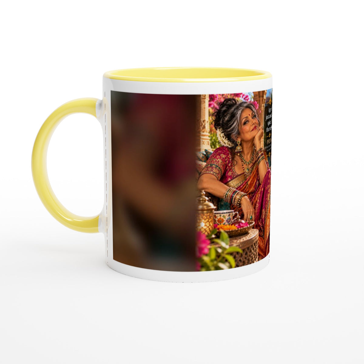 Priya from Overly Ripe Wisdom on a mug with her saying “Age is just another spice in the recipe.”