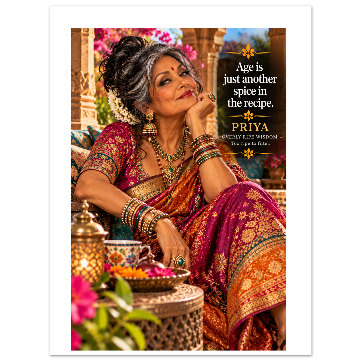 Priya from Overly Ripe Wisdom on a poster with her saying “Age is just another spice in the recipe.”