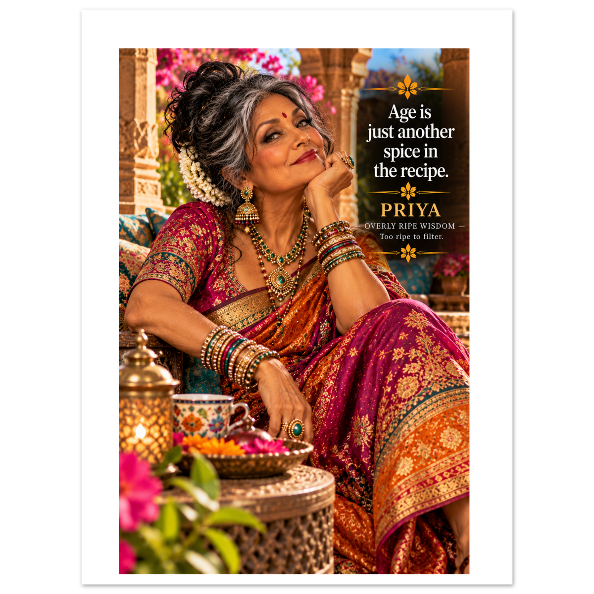 Priya from Overly Ripe Wisdom on a poster with her saying “Age is just another spice in the recipe.”