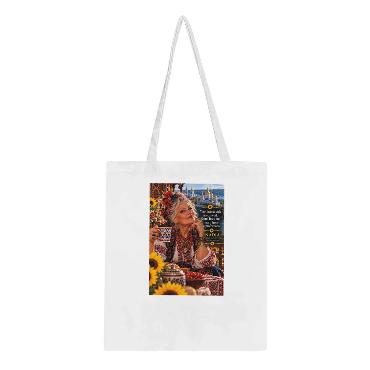 Nadia from Overly Ripe Wisdom on a tote bag, a funny gift for women