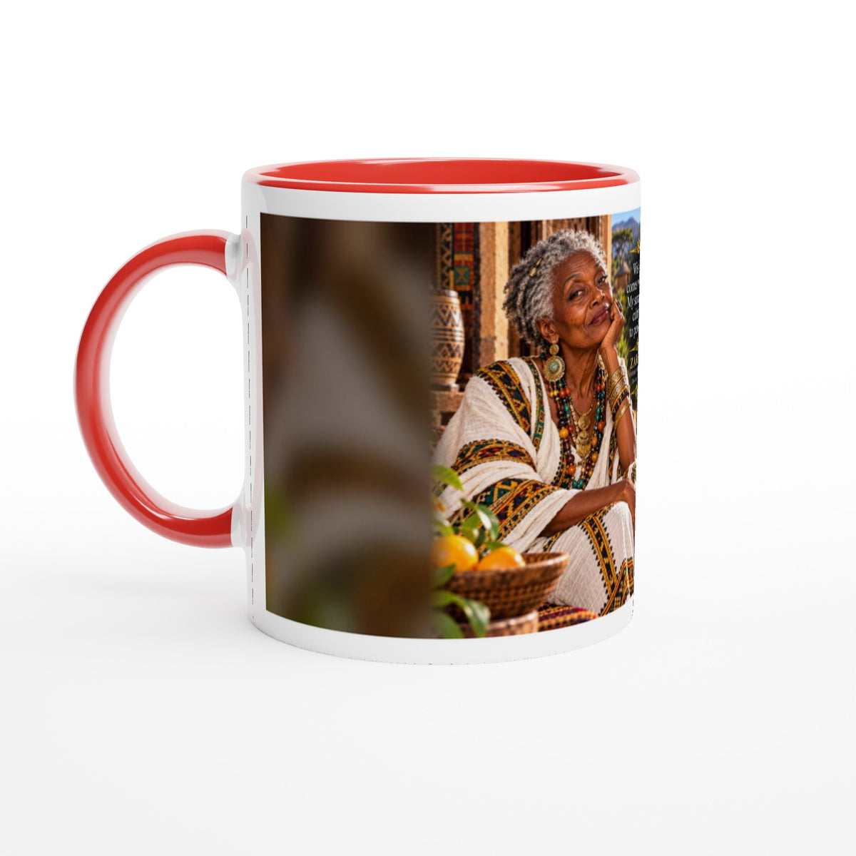 Zahara from Overly Ripe Wisdom on a mug with her saying “Wisdom comes with age. My sarcasm was cultivated to perfection.”