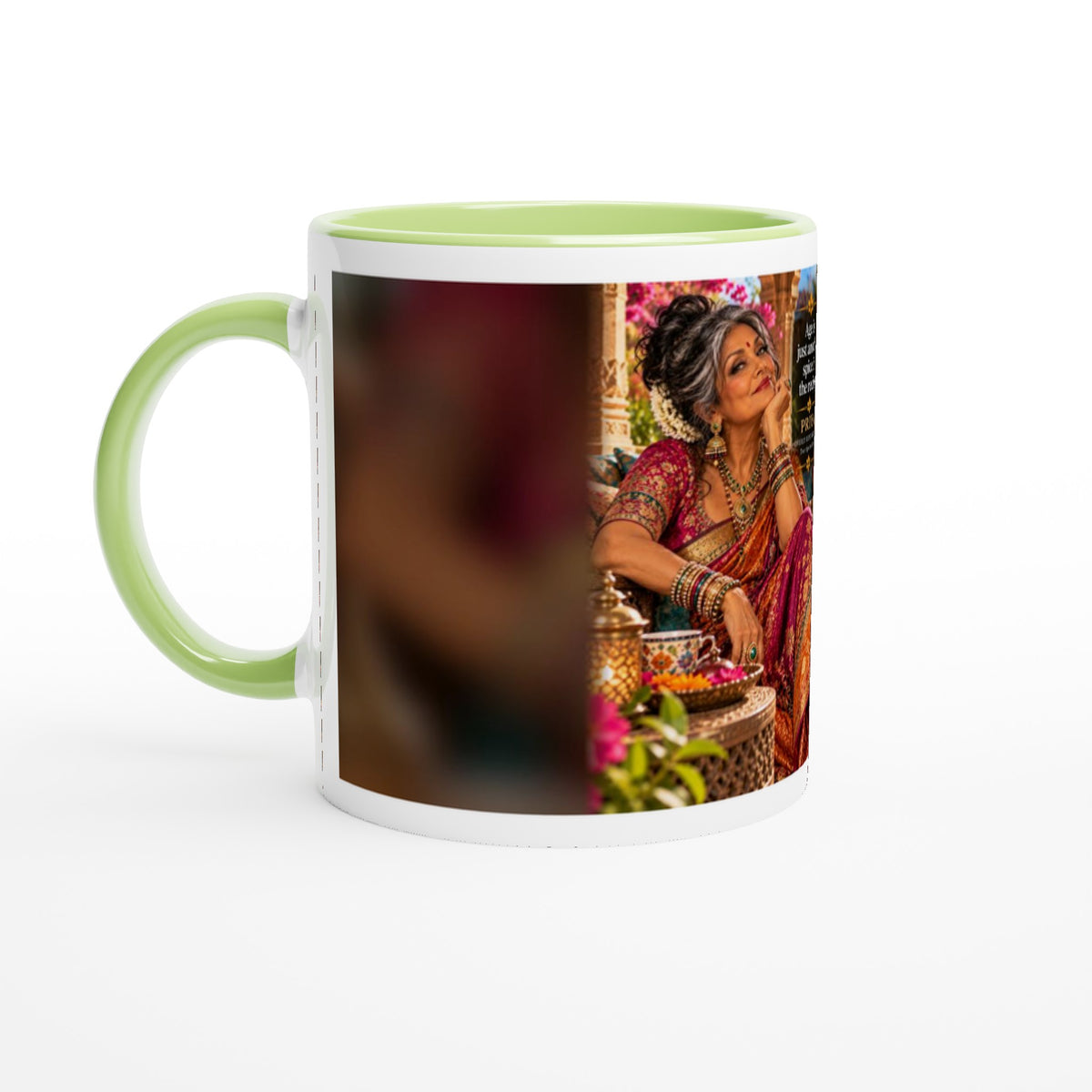 Priya from Overly Ripe Wisdom on a mug with her saying “Age is just another spice in the recipe.”