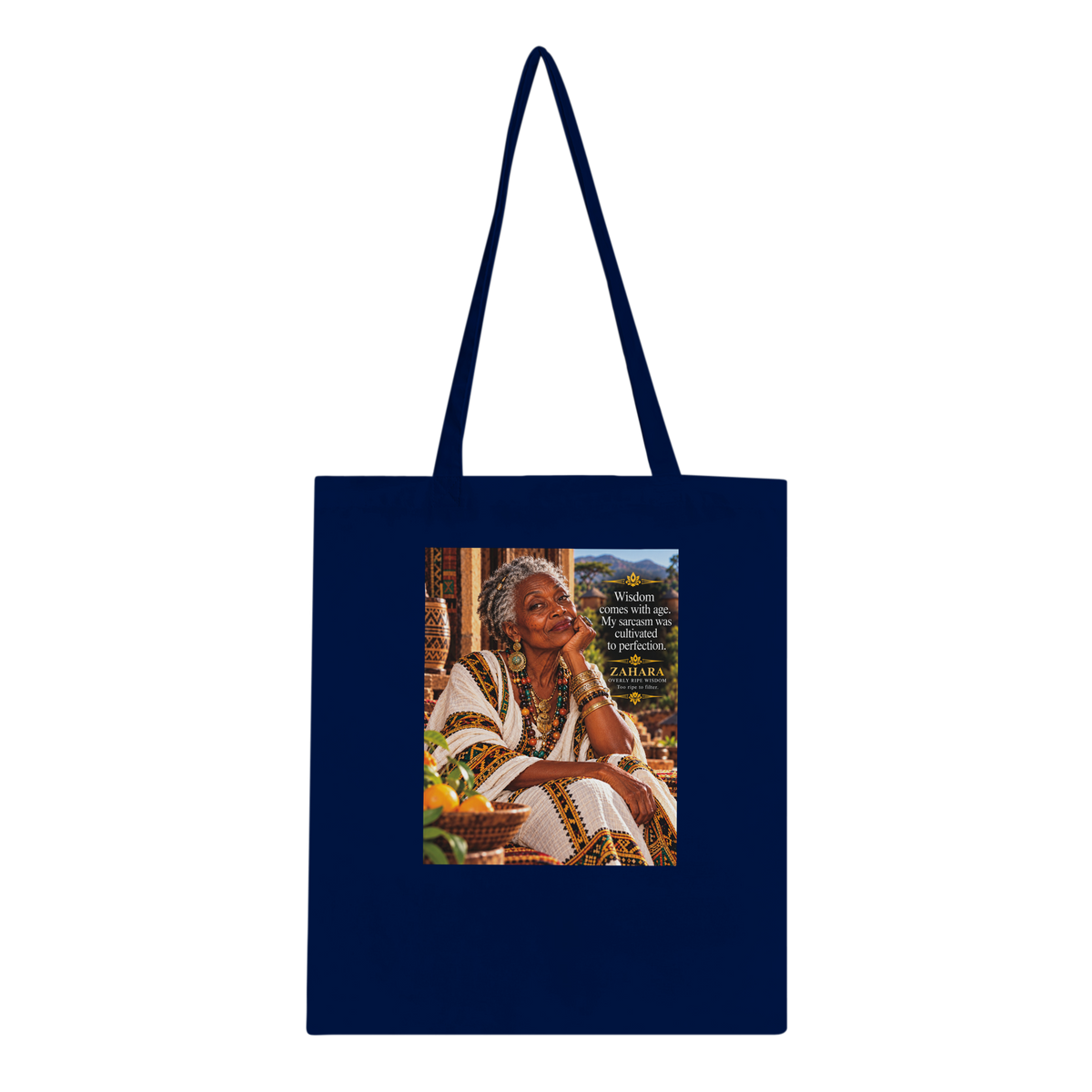 Zahara from Overly Ripe Wisdom on a tote bag, a funny gift for women