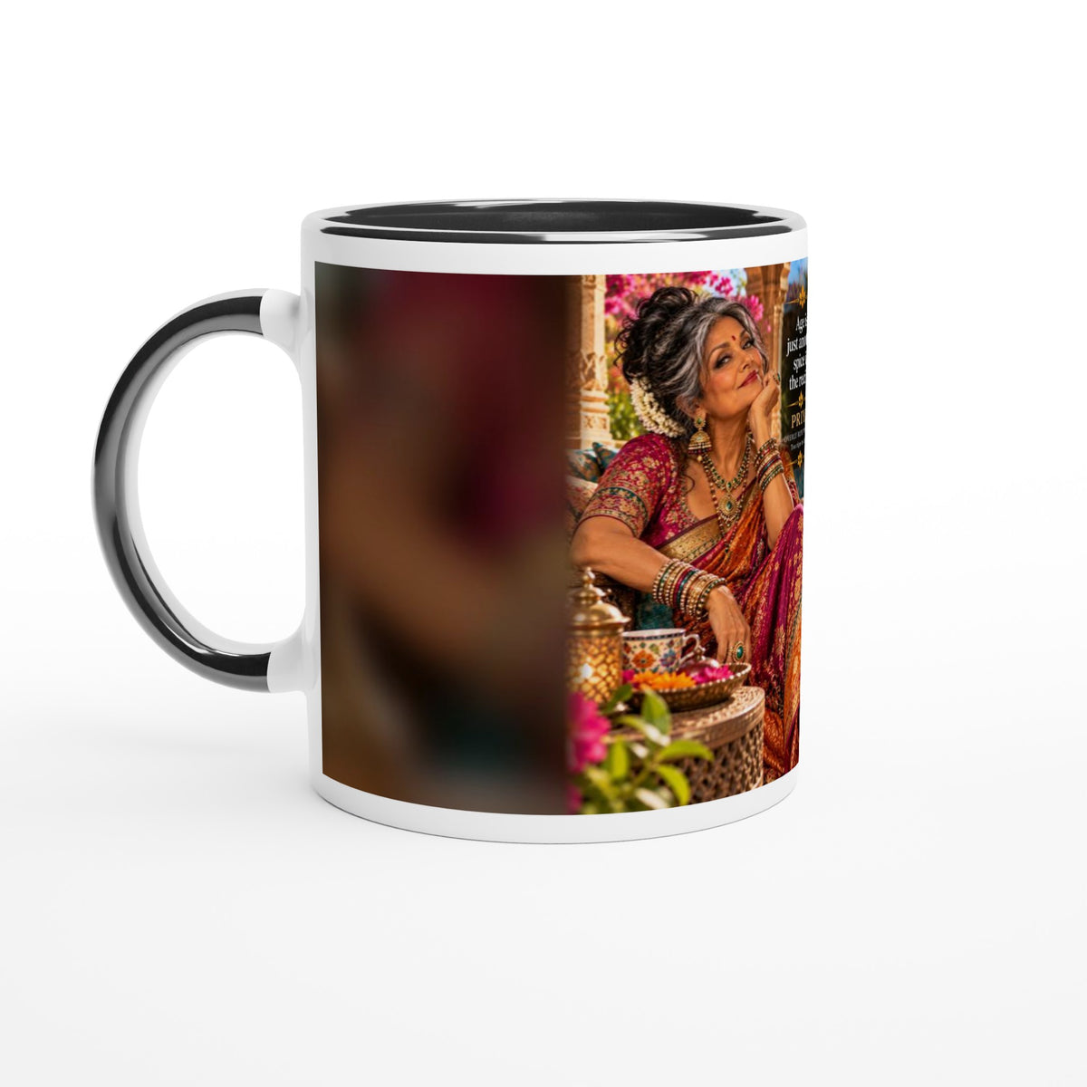 Priya from Overly Ripe Wisdom on a mug with her saying “Age is just another spice in the recipe.”