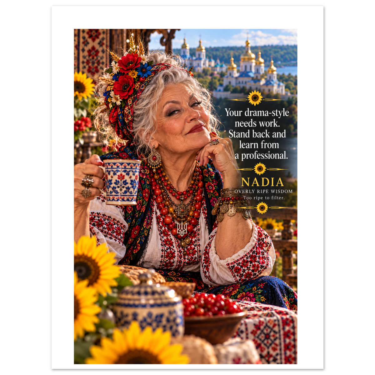 Nadia from Overly Ripe Wisdom on a poster, a funny gift for women