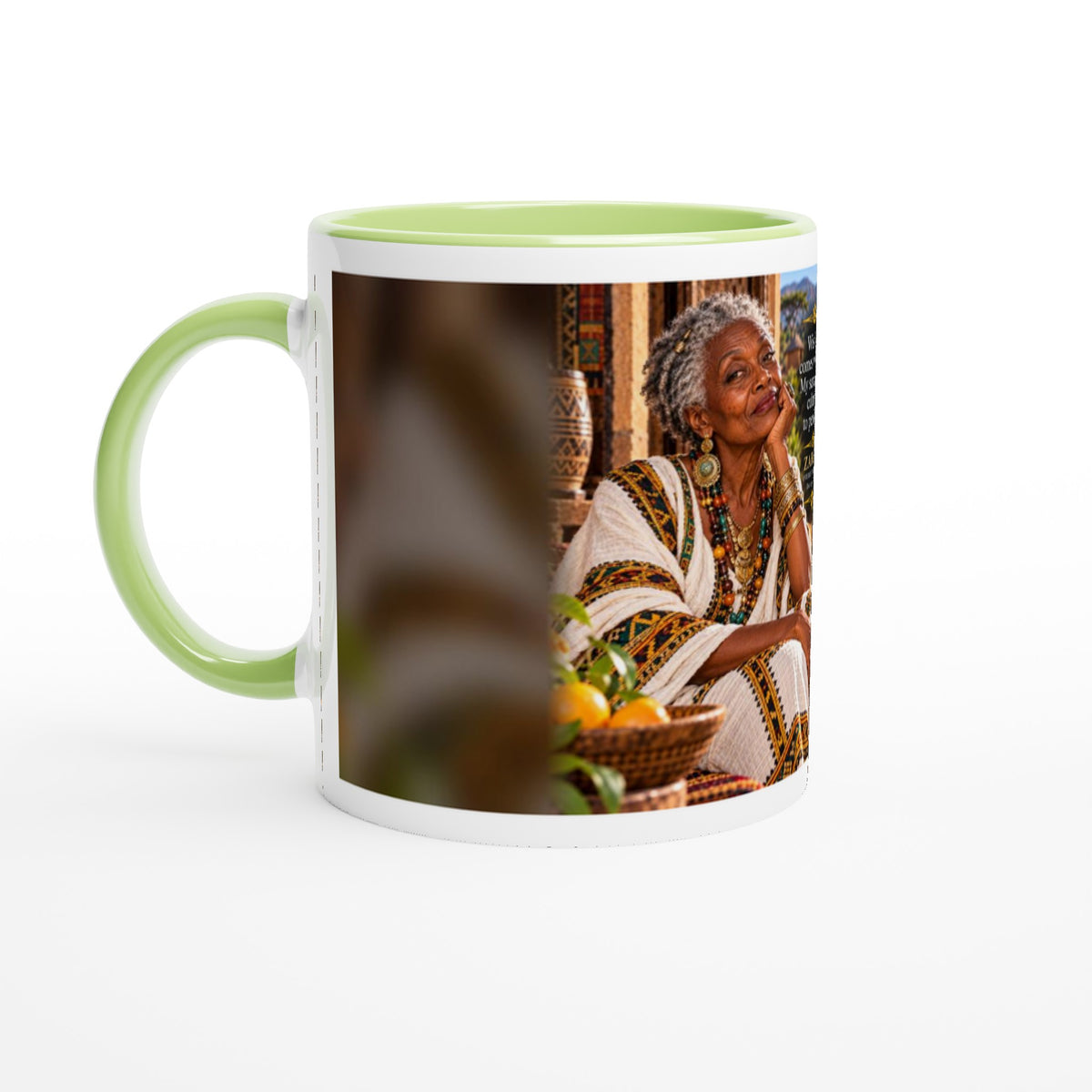 Zahara from Overly Ripe Wisdom on a mug with her saying “Wisdom comes with age. My sarcasm was cultivated to perfection.”