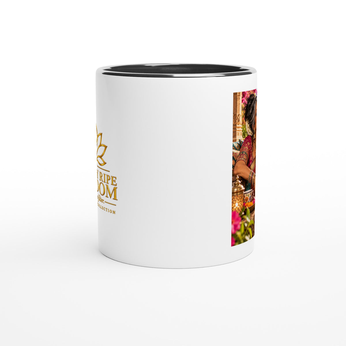 Priya from Overly Ripe Wisdom on a mug with her saying “Age is just another spice in the recipe.”