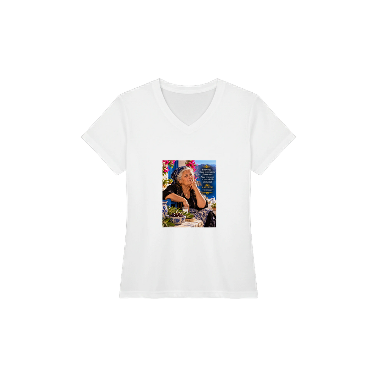 Katerina from Overly Ripe Wisdom on a v-neck tee, a funny gift for women