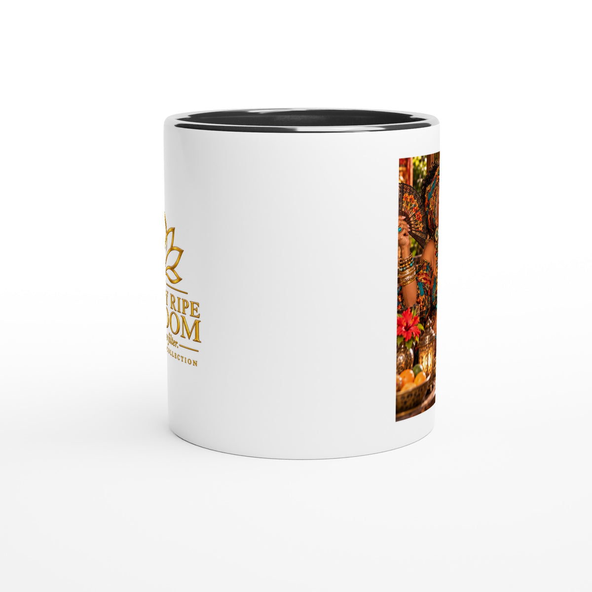 Sienna from Overly Ripe Wisdom on a mug with her saying “I collect moments, not your opinions.”