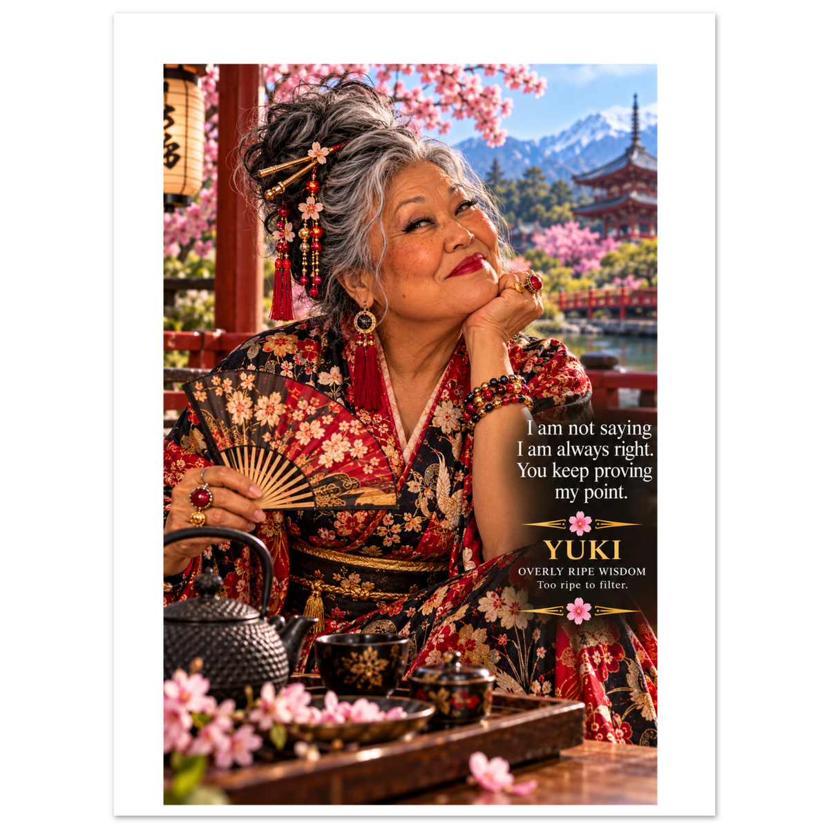 Yuki from Overly Ripe Wisdom on a poster with her saying “I am not saying I am always right. You keep proving my point.”