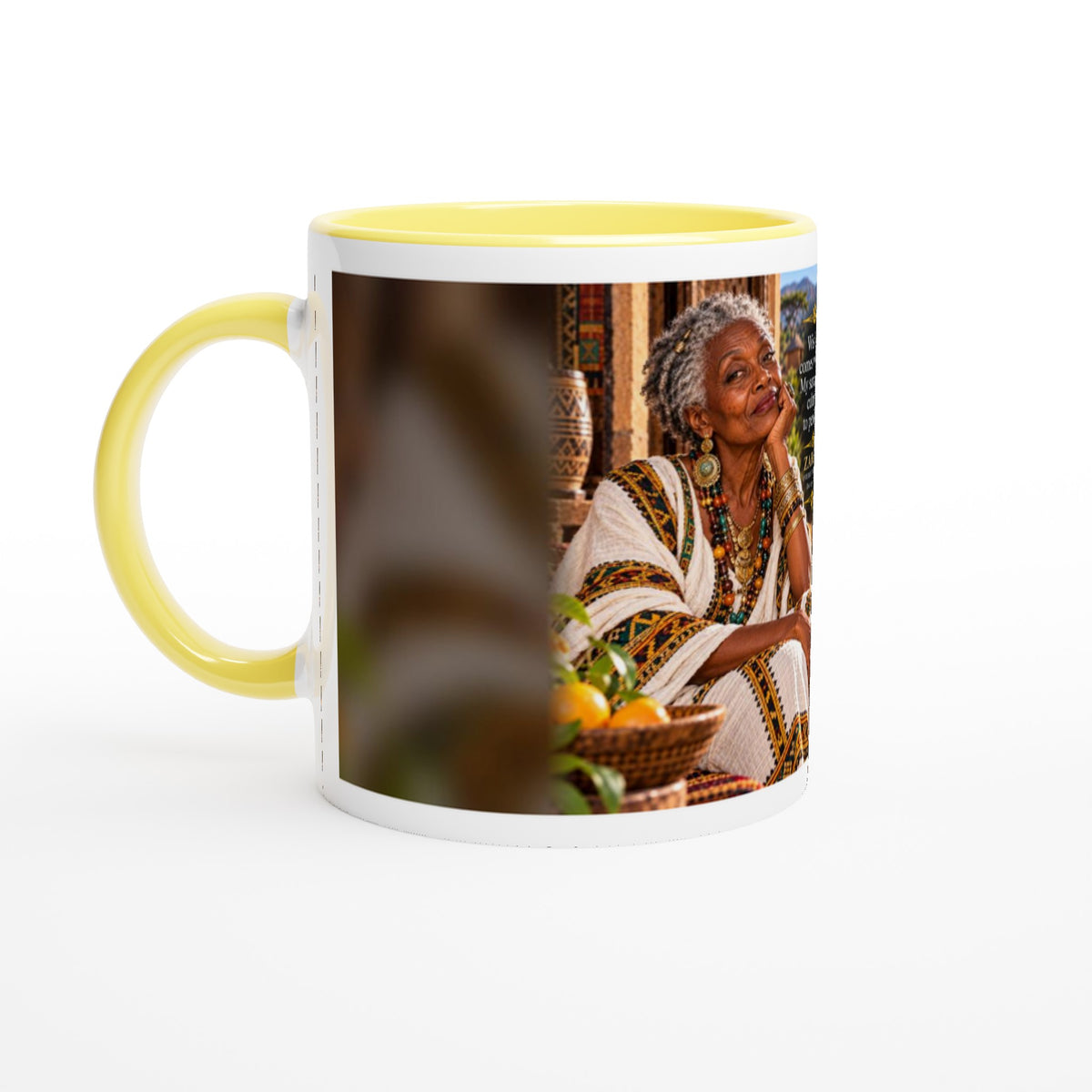 Zahara from Overly Ripe Wisdom on a mug with her saying “Wisdom comes with age. My sarcasm was cultivated to perfection.”