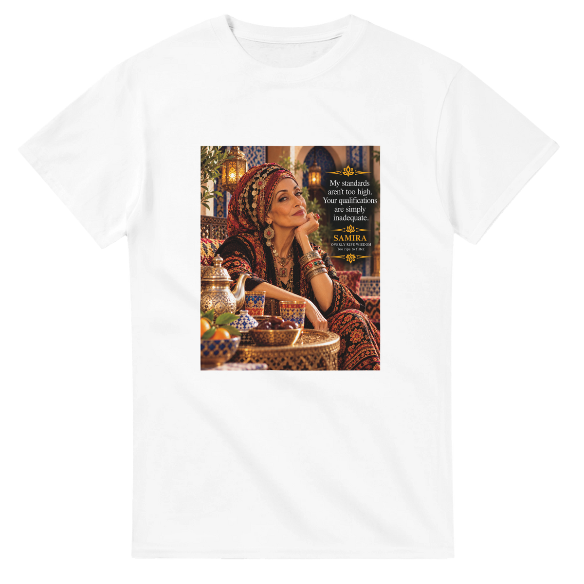 Samira from Overly Ripe Wisdom on a t-shirt, a funny gift for women