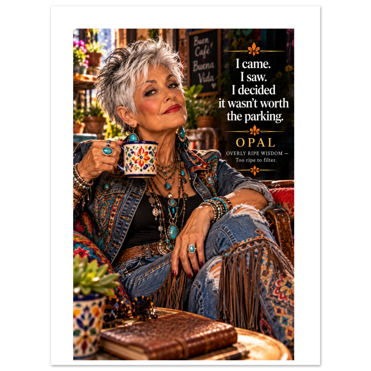 Opal from Overly Ripe Wisdom on a poster with her saying “I came. I saw. I decided it wasn’t worth the parking.”