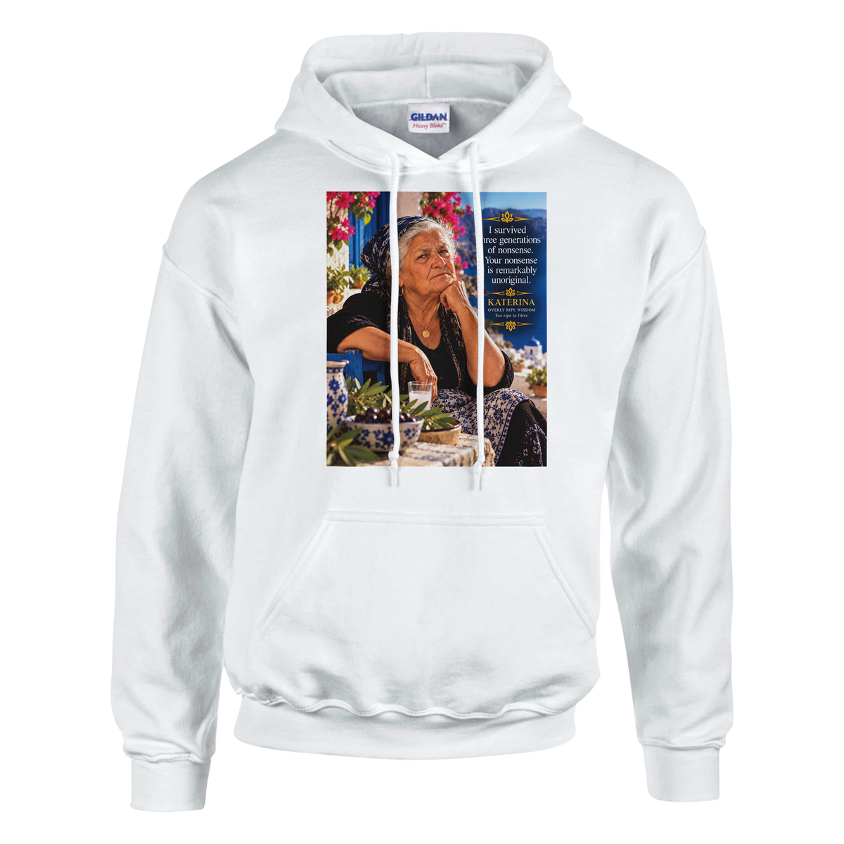 Katerina from Overly Ripe Wisdom on a hoodie, a funny gift for women