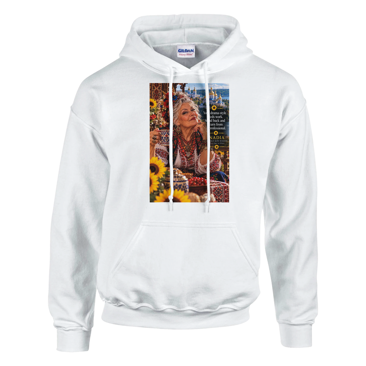 Nadia from Overly Ripe Wisdom on a hoodie, a funny gift for women