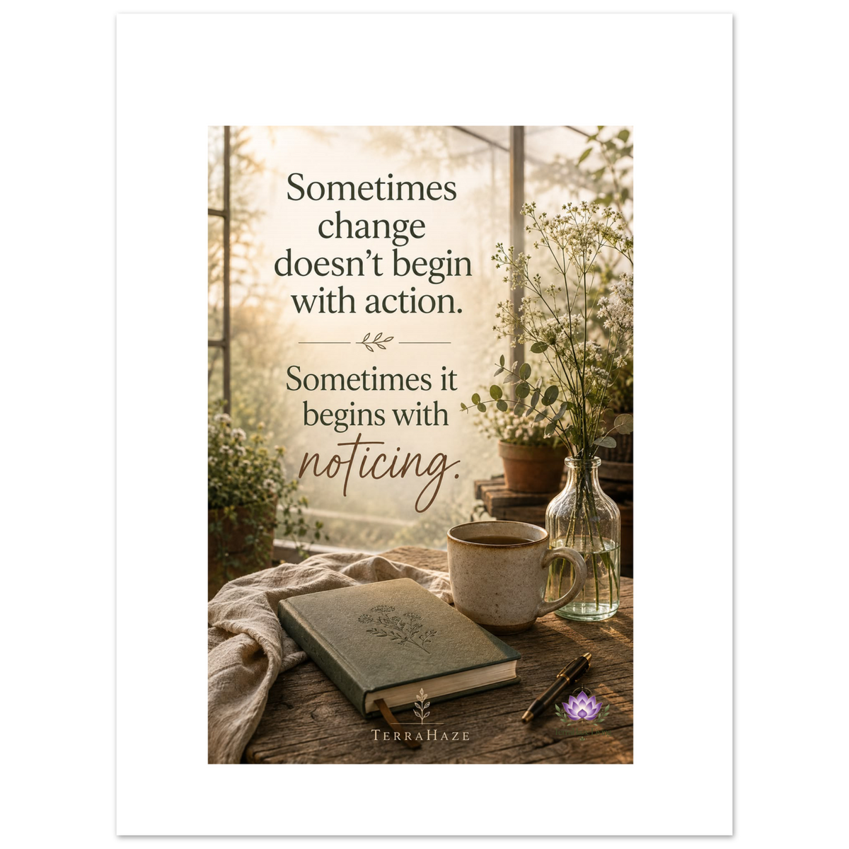 Sometimes Change Doesn't Begin With Action motivational poster from TerraHaze Living