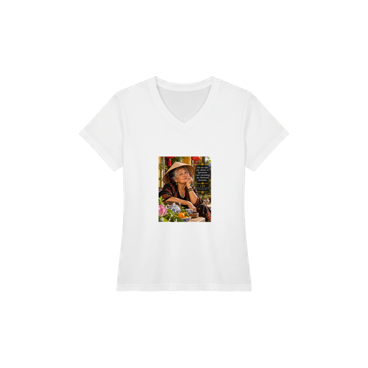 Lan from Overly Ripe Wisdom on a v-neck tee, a funny gift for women