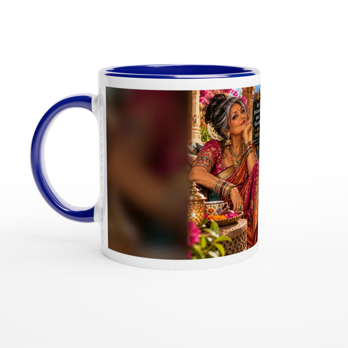 Priya from Overly Ripe Wisdom on a mug with her saying “Age is just another spice in the recipe.”