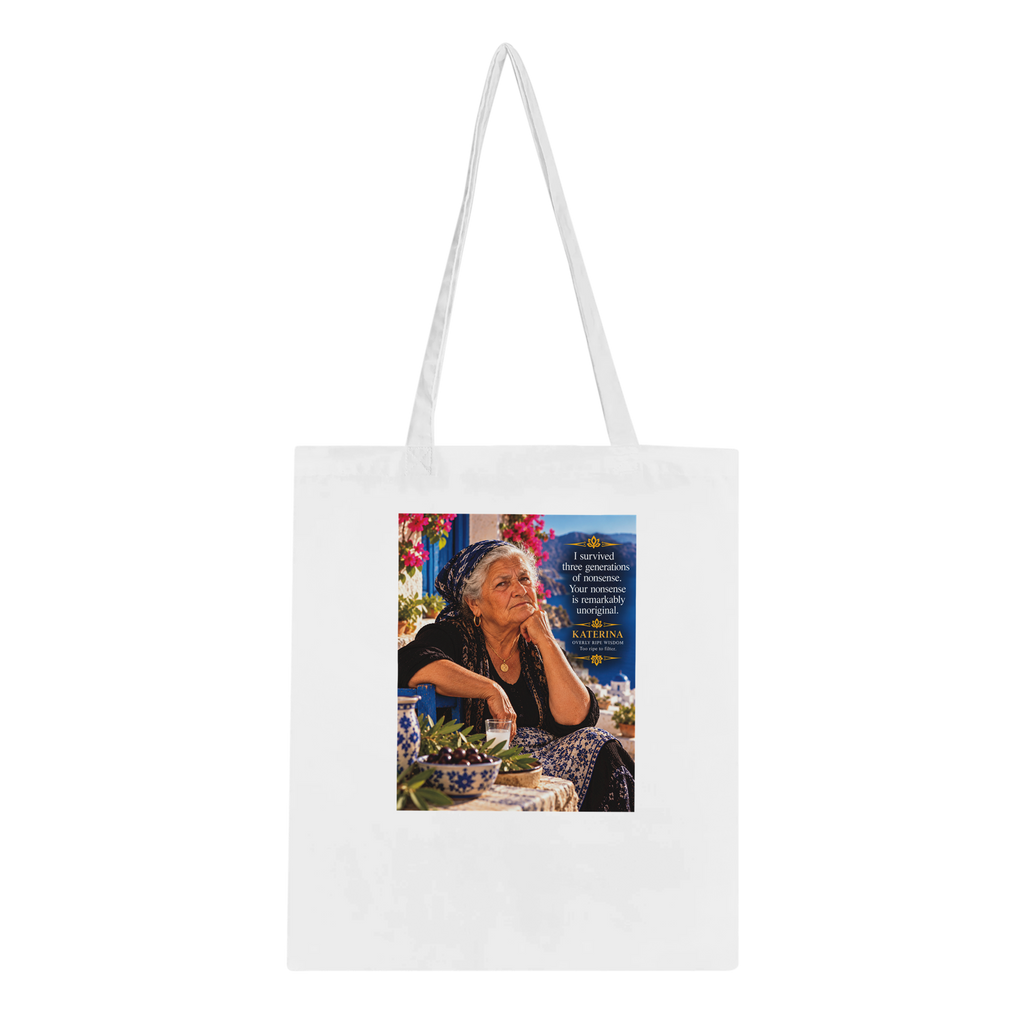 Katerina from Overly Ripe Wisdom on a tote bag, a funny gift for women