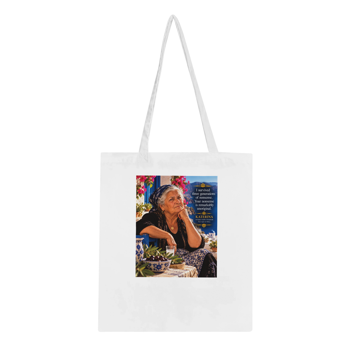 Katerina from Overly Ripe Wisdom on a tote bag, a funny gift for women