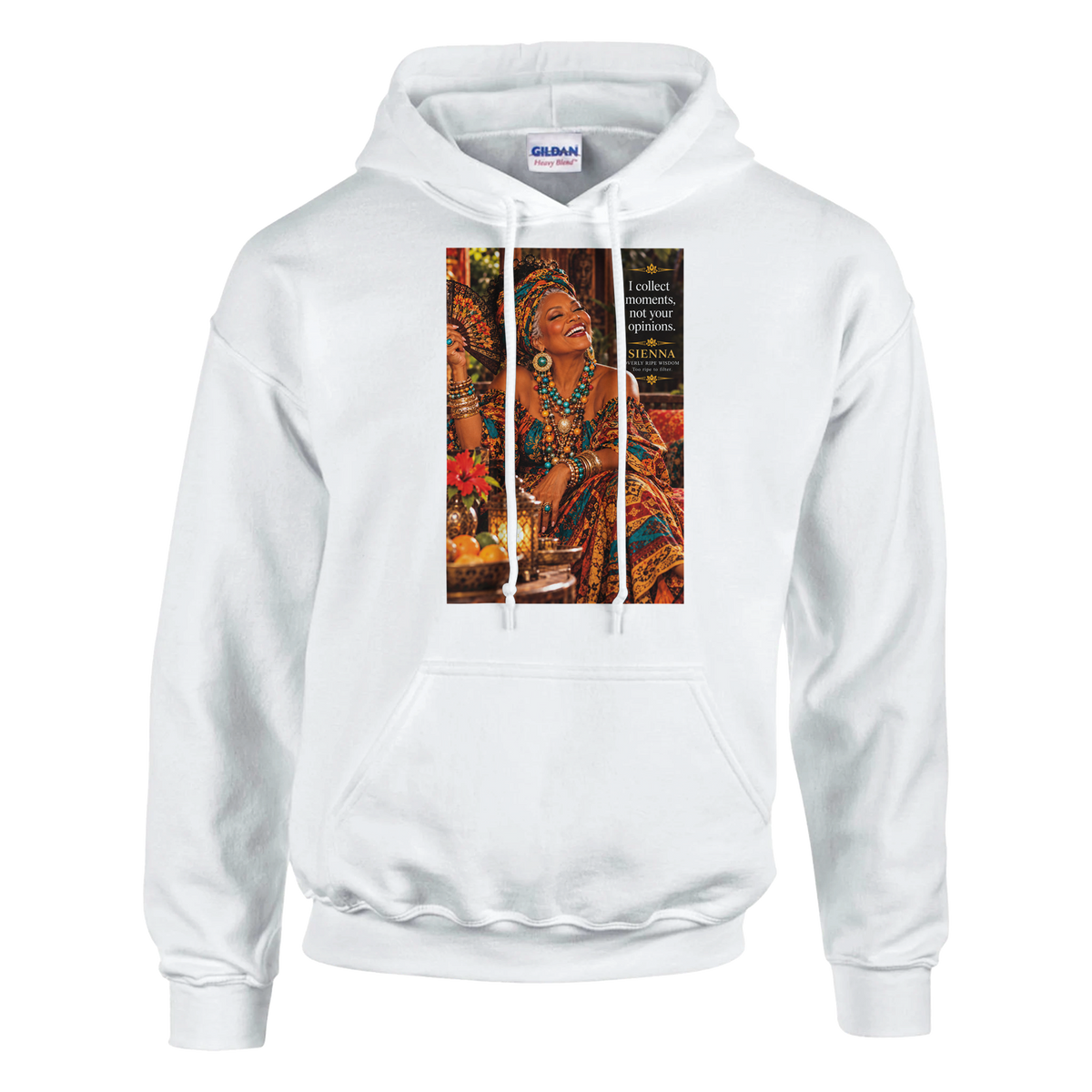 Sienna from Overly Ripe Wisdom on a hoodie with her saying “I collect moments, not your opinions.”