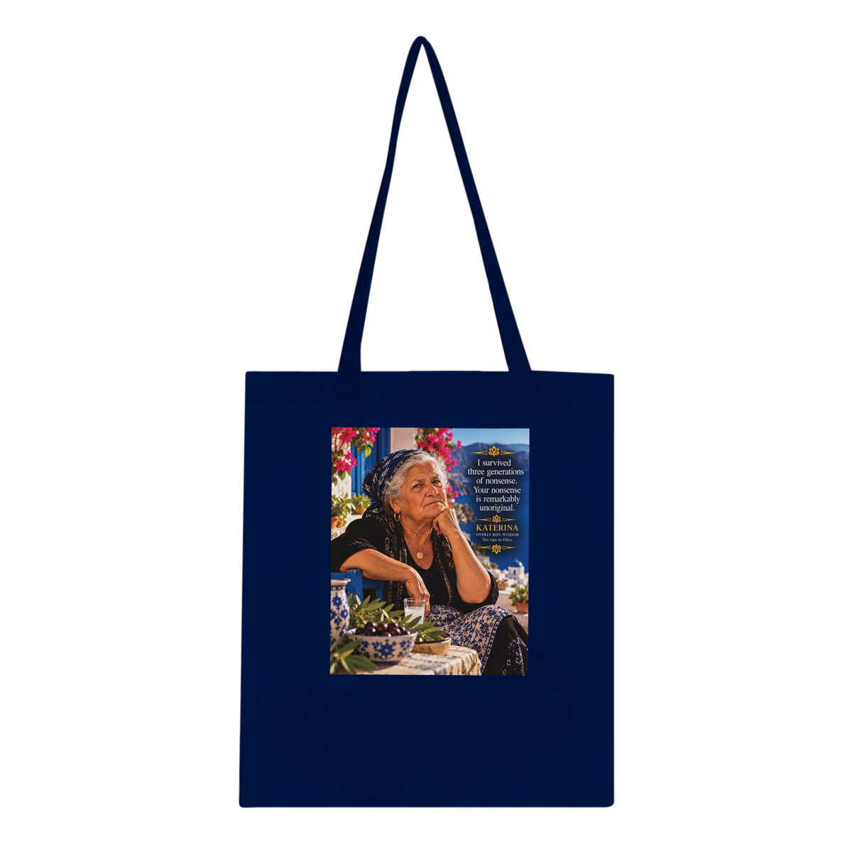 Katerina from Overly Ripe Wisdom on a tote bag, a funny gift for women