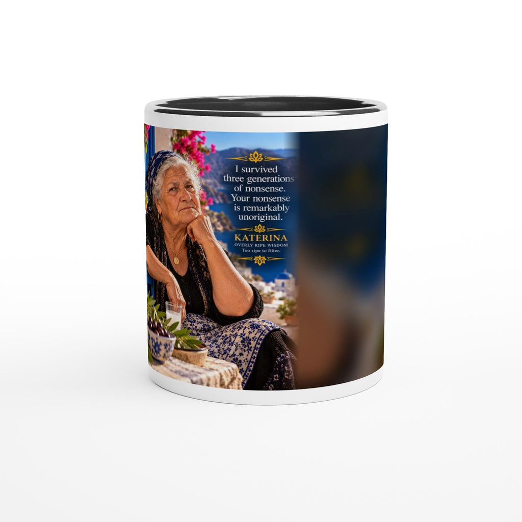 Katerina from Overly Ripe Wisdom on a mug, a funny gift for women