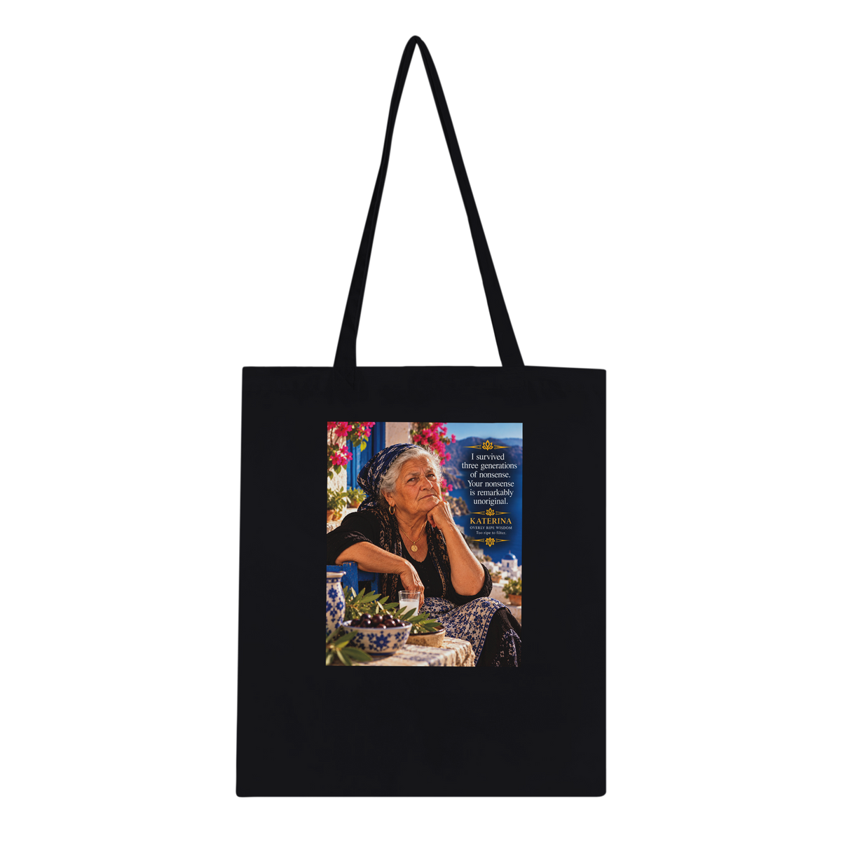 Katerina from Overly Ripe Wisdom on a tote bag, a funny gift for women