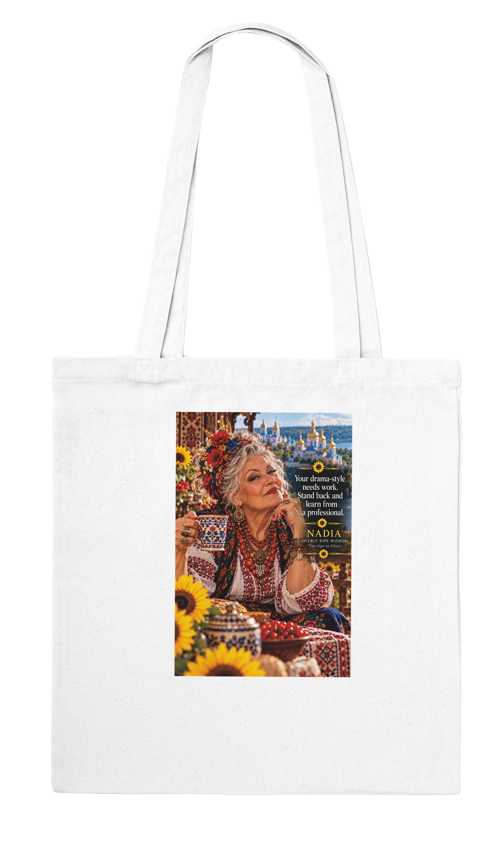 Nadia from Overly Ripe Wisdom on a tote bag, a funny gift for women