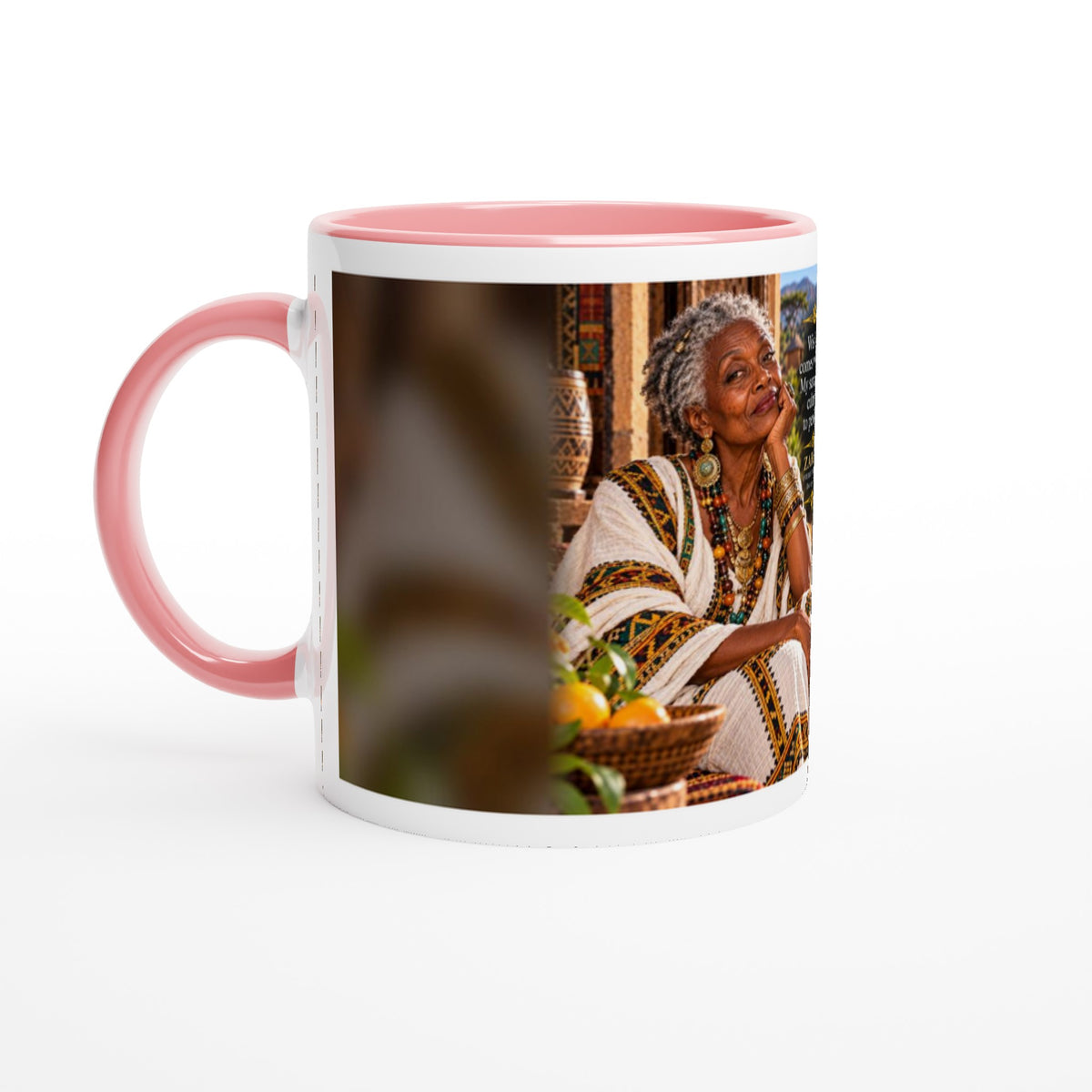 Zahara from Overly Ripe Wisdom on a mug with her saying “Wisdom comes with age. My sarcasm was cultivated to perfection.”