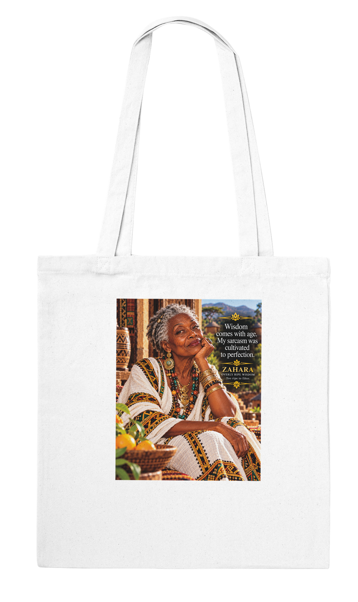 Zahara from Overly Ripe Wisdom on a tote bag, a funny gift for women