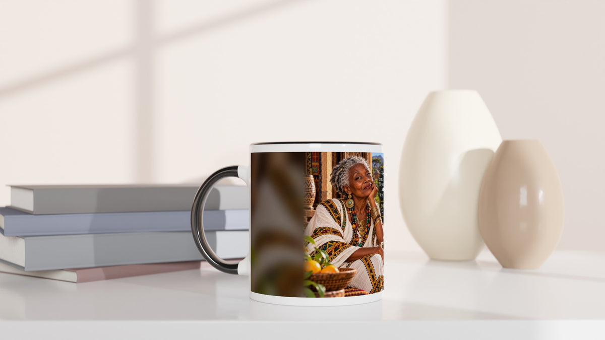 Zahara from Overly Ripe Wisdom on a mug with her saying “Wisdom comes with age. My sarcasm was cultivated to perfection.”