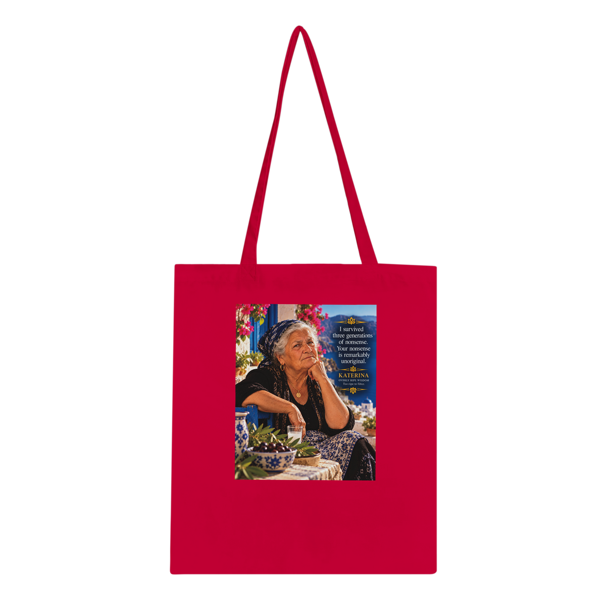 Katerina from Overly Ripe Wisdom on a tote bag, a funny gift for women