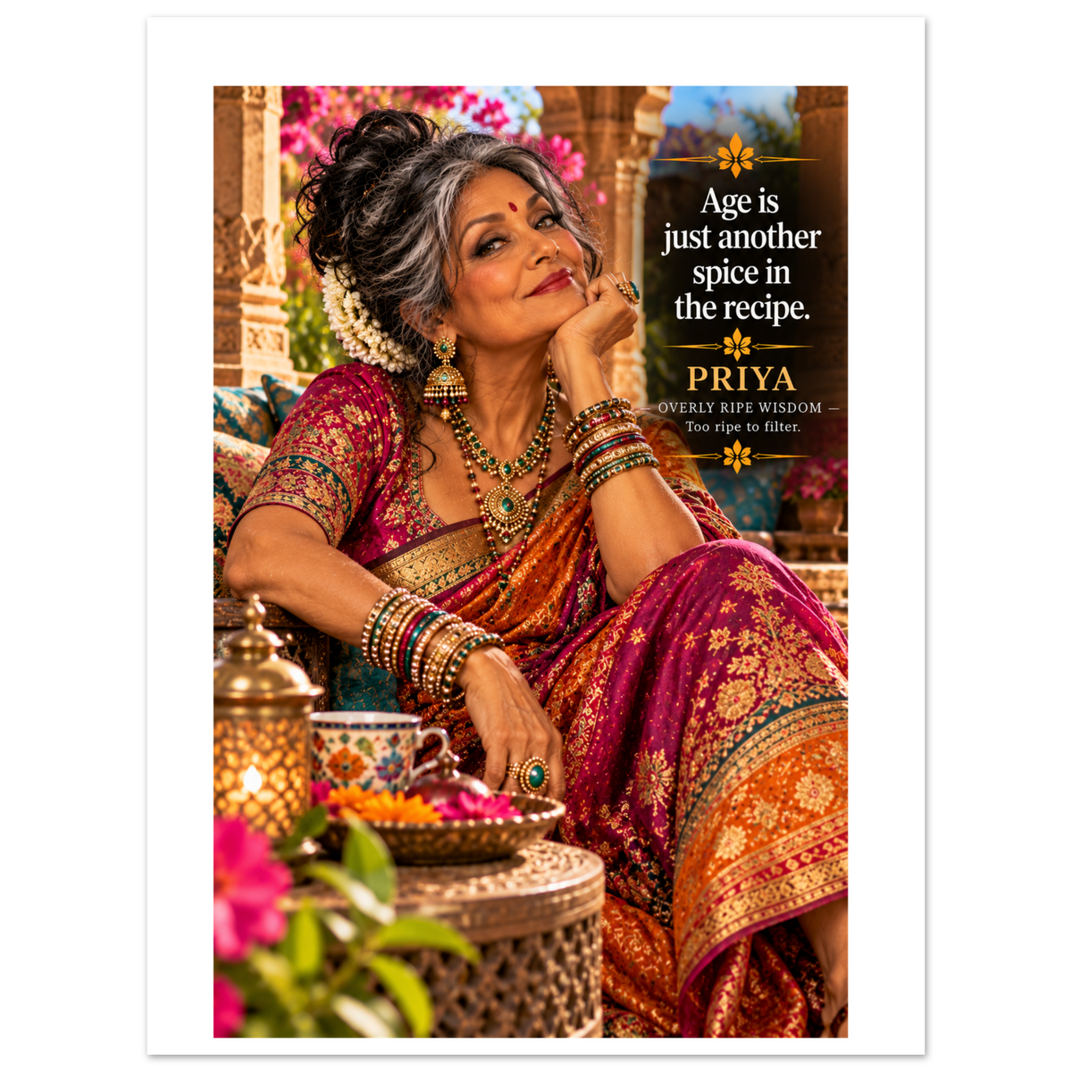 Priya from Overly Ripe Wisdom on a poster with her saying “Age is just another spice in the recipe.”