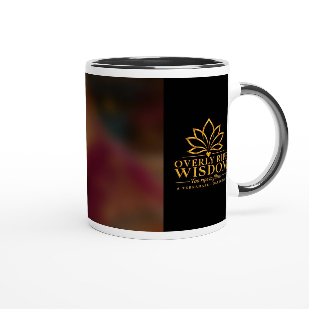 Priya from Overly Ripe Wisdom on a mug with her saying “Age is just another spice in the recipe.”