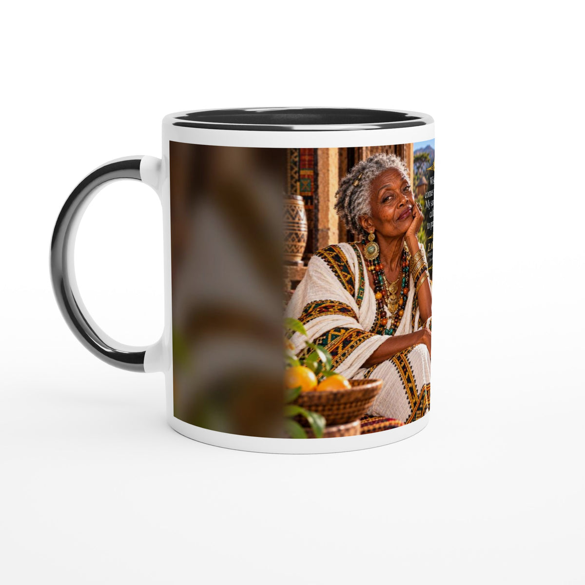 Zahara from Overly Ripe Wisdom on a mug with her saying “Wisdom comes with age. My sarcasm was cultivated to perfection.”