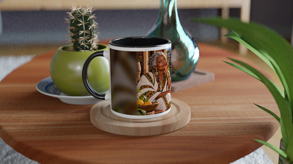 Zahara from Overly Ripe Wisdom on a mug with her saying “Wisdom comes with age. My sarcasm was cultivated to perfection.”