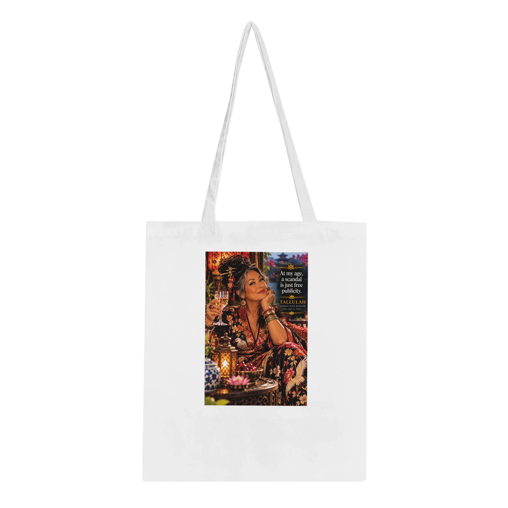 Tallulah from Overly Ripe Wisdom on a tote bag with her saying “At my age, a scandal is just free publicity.”