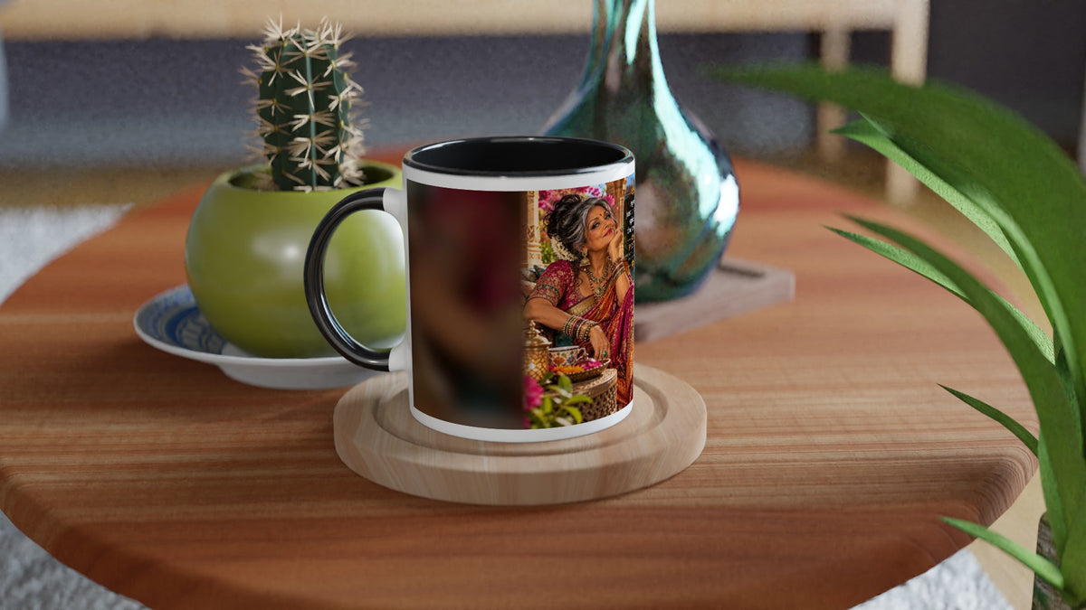 Priya from Overly Ripe Wisdom on a mug with her saying “Age is just another spice in the recipe.”
