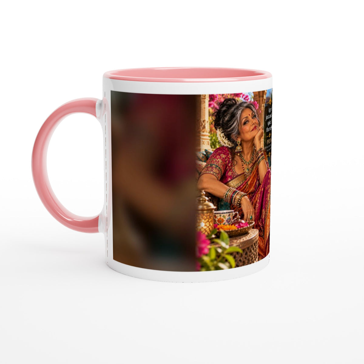 Priya from Overly Ripe Wisdom on a mug with her saying “Age is just another spice in the recipe.”