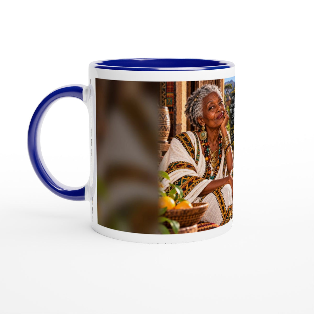 Zahara from Overly Ripe Wisdom on a mug with her saying “Wisdom comes with age. My sarcasm was cultivated to perfection.”