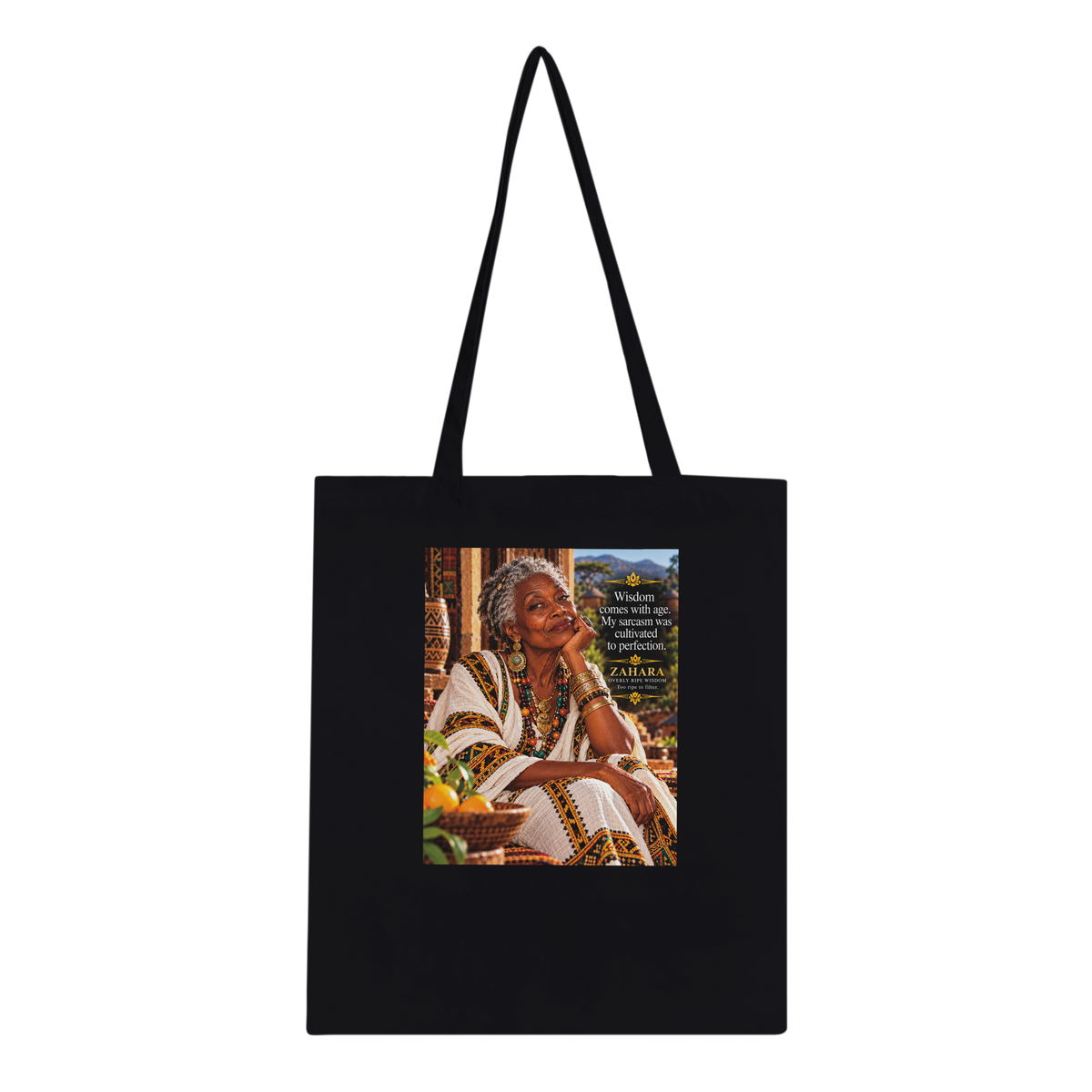 Zahara from Overly Ripe Wisdom on a tote bag, a funny gift for women