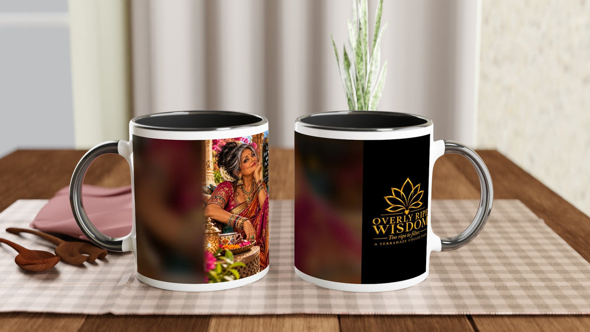 Priya from Overly Ripe Wisdom on a mug with her saying “Age is just another spice in the recipe.”