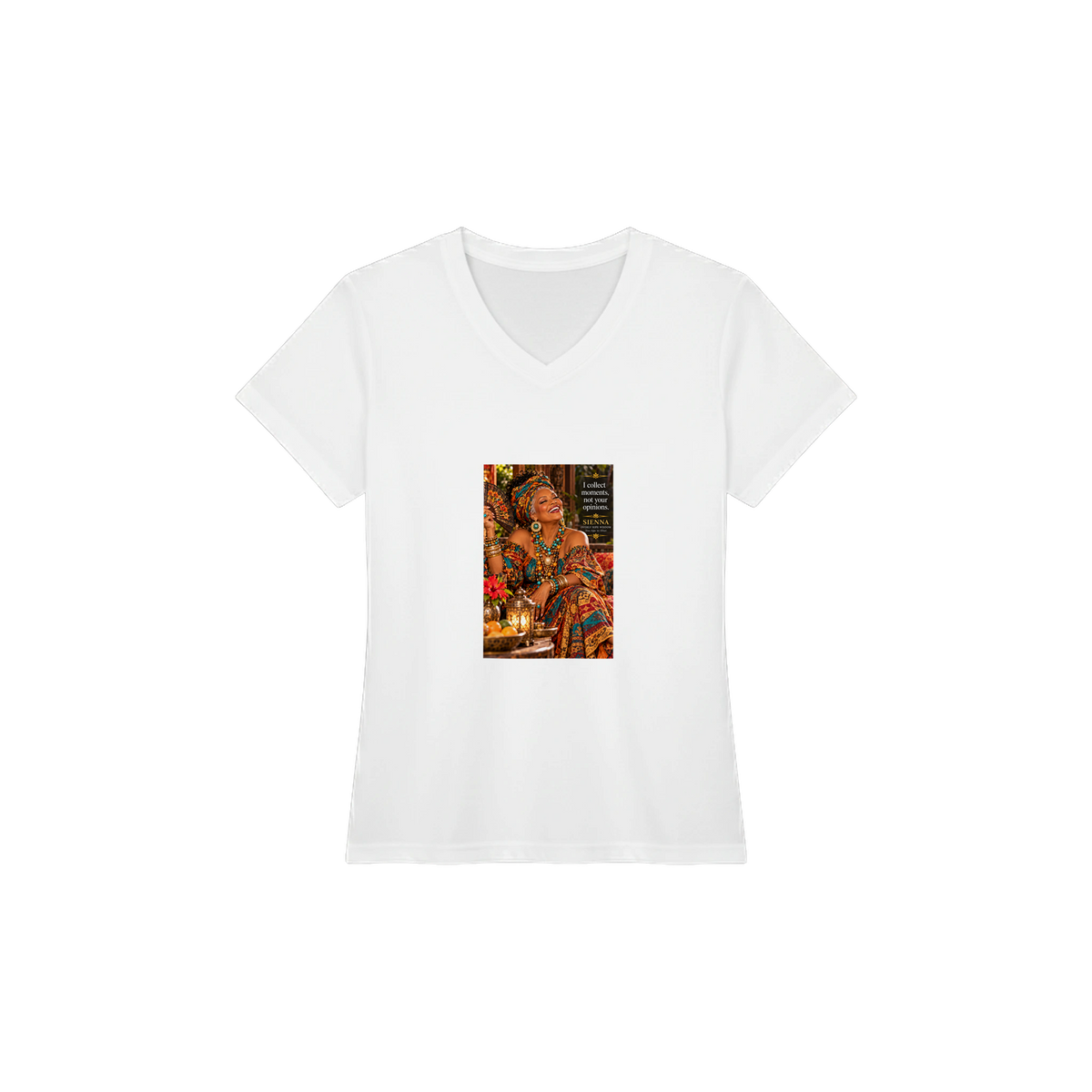 Sienna from Overly Ripe Wisdom on a v-neck tee with her saying “I collect moments, not your opinions.”