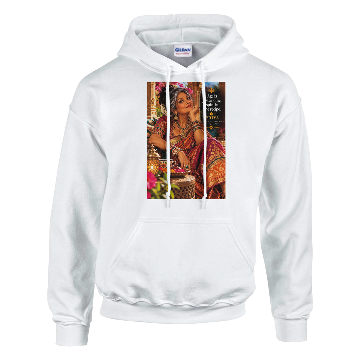 Priya from Overly Ripe Wisdom on a hoodie with her saying “Age is just another spice in the recipe.”