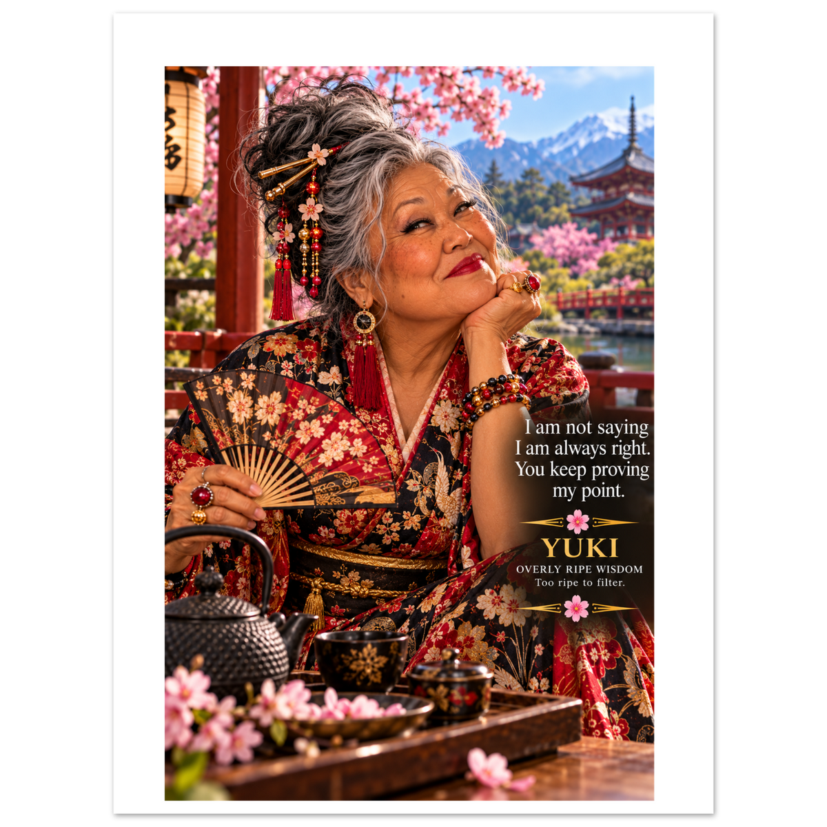Yuki from Overly Ripe Wisdom on a poster with her saying “I am not saying I am always right. You keep proving my point.”