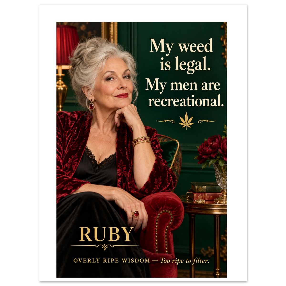 Ruby from Overly Ripe Wisdom on a poster with her saying “My weed is legal. My men are recreational.”