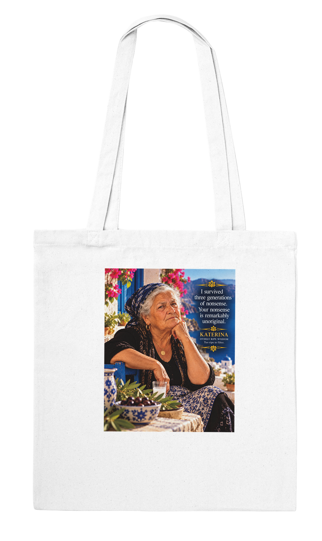 Katerina from Overly Ripe Wisdom on a tote bag, a funny gift for women