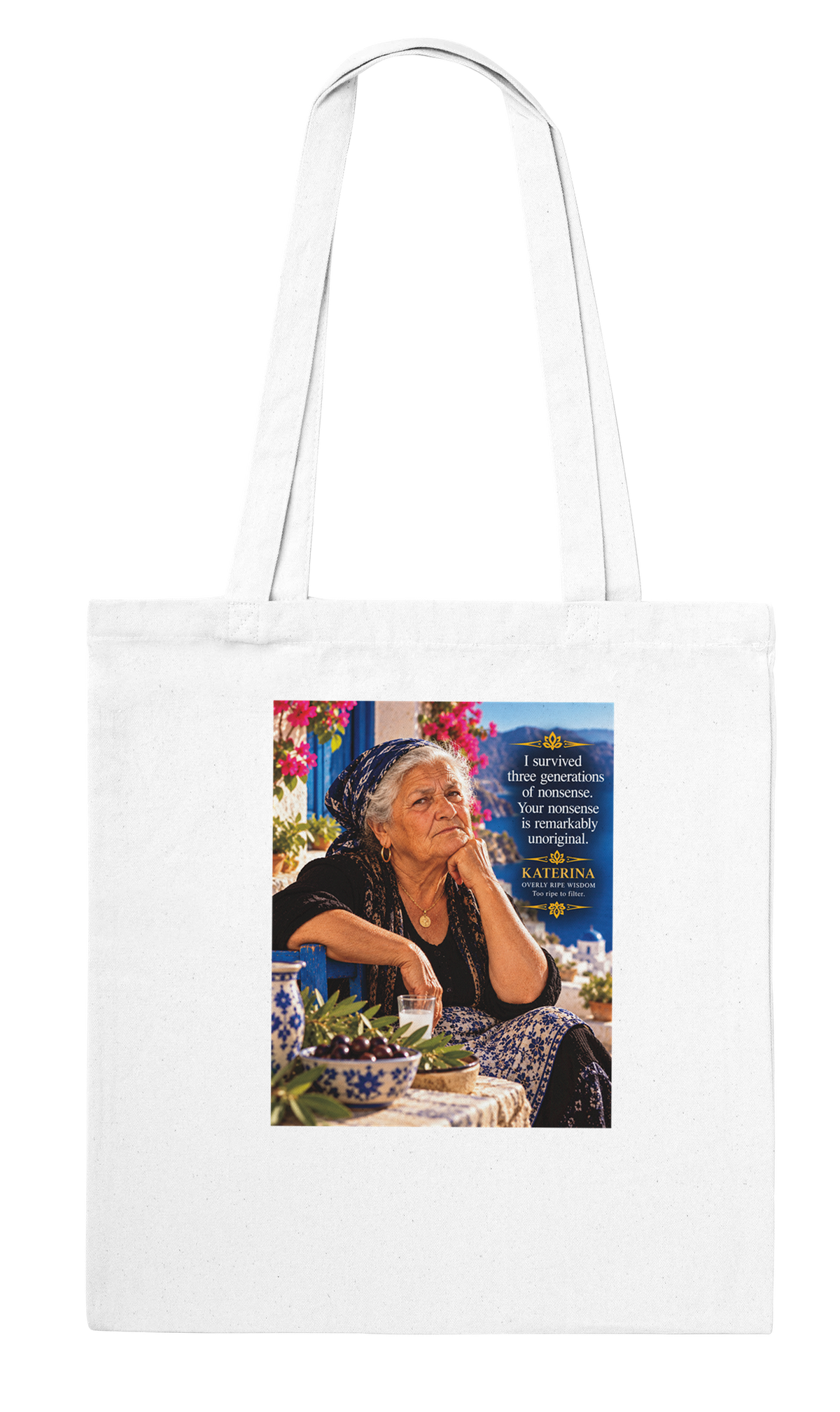 Katerina from Overly Ripe Wisdom on a tote bag, a funny gift for women