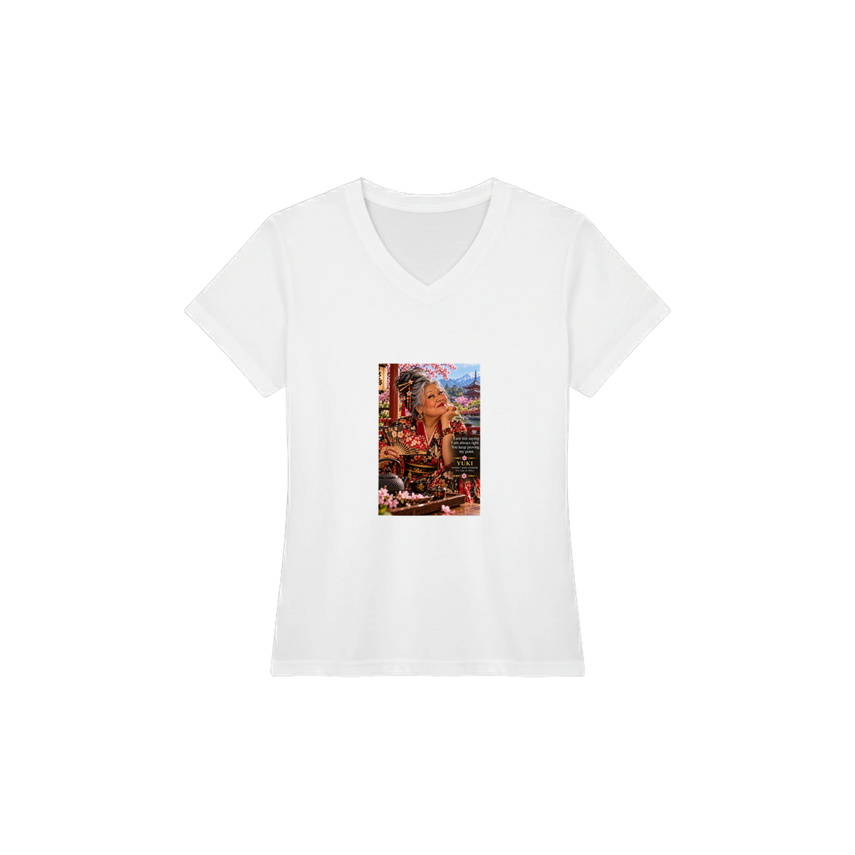 Yuki from Overly Ripe Wisdom on a v-neck tee with her saying “I am not saying I am always right. You keep proving my point.”